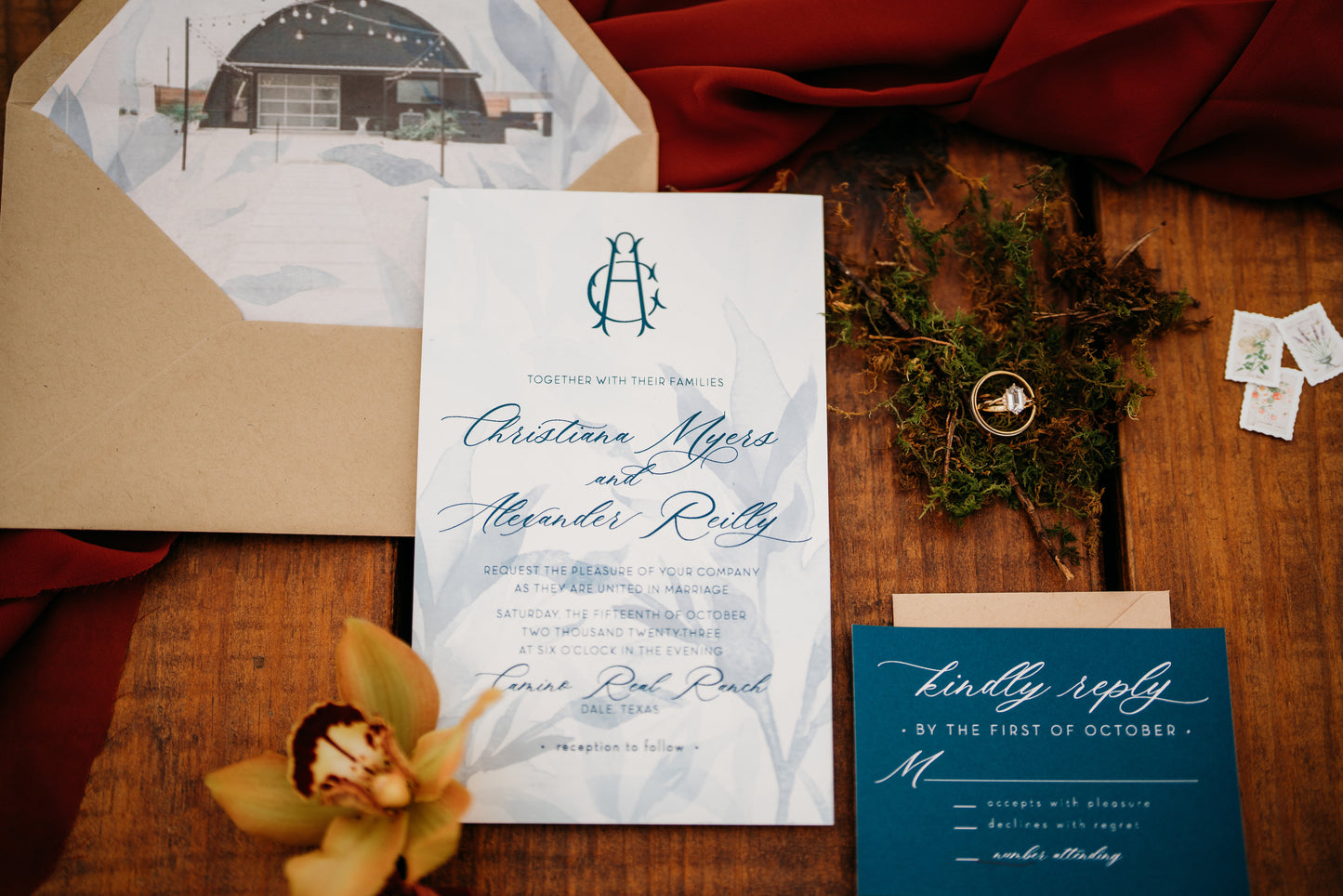 Camino Real Ranch French Blue Crest Wedding Invitation Suite