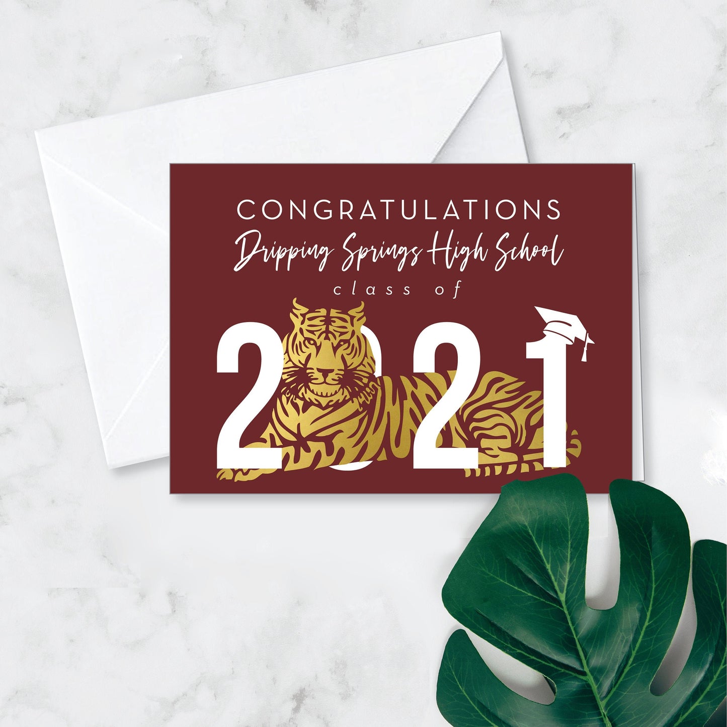 CUSTOM Tiger Graduation Greeting Card - Congratulations Class of 2021 - School name and background color can be changed!